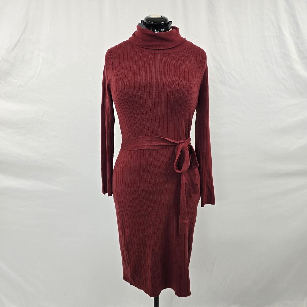 Tea n Rose Long Sleeve Turtleneck Sweater Dress Women's L Burgundy Belt Midi